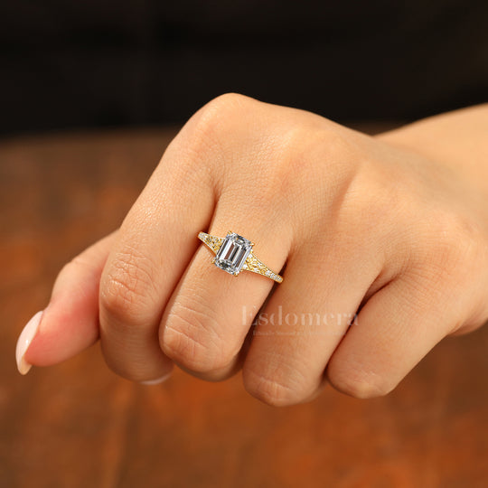 2CT Bague en or massif avec diamant synthétique taille émeraude, filigrane et milgrain pour femme (certifiée IGI)