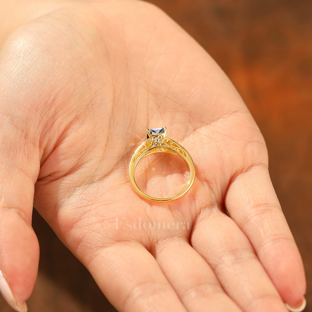 2CT Bague en or massif avec diamant synthétique taille émeraude, filigrane et milgrain pour femme (certifiée IGI)