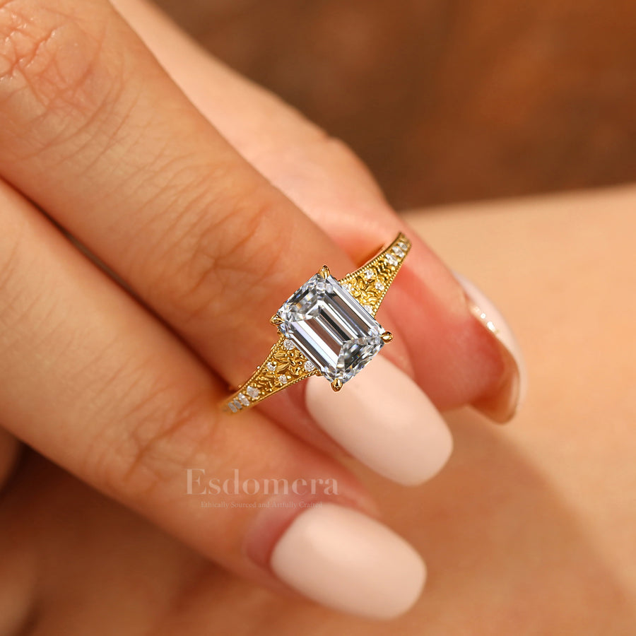 2CT Emerlad Cut Lab Grown Diamond Solid Gold Ring Filigree Milgrain Women Ring (IGI Certified)