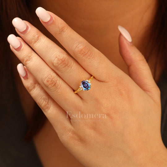 14K Romantic Oval Cut Alexandrite Engagement Ring Rose Gold Cluster Wedding Ring