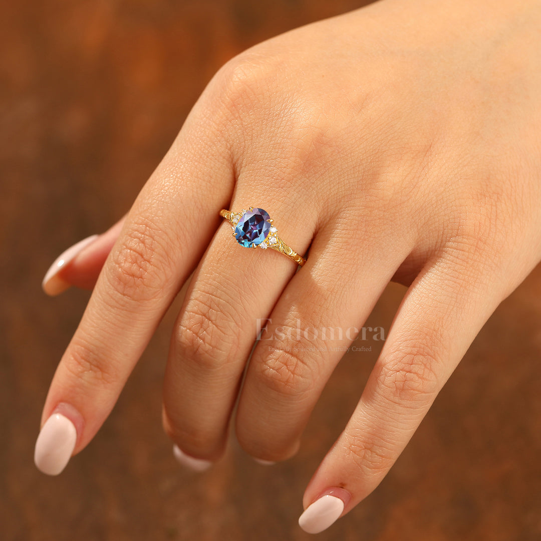 14K Romantic Oval Cut Alexandrite Engagement Ring Rose Gold Cluster Wedding Ring