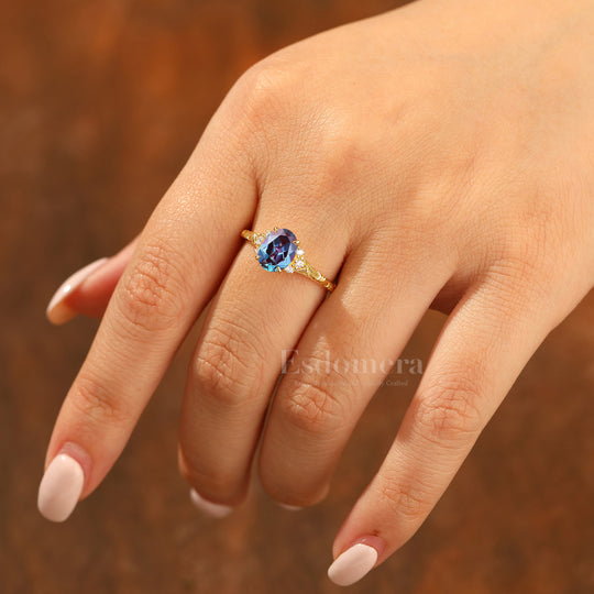 14K Romantic Oval Cut Alexandrite Engagement Ring Rose Gold Cluster Wedding Ring