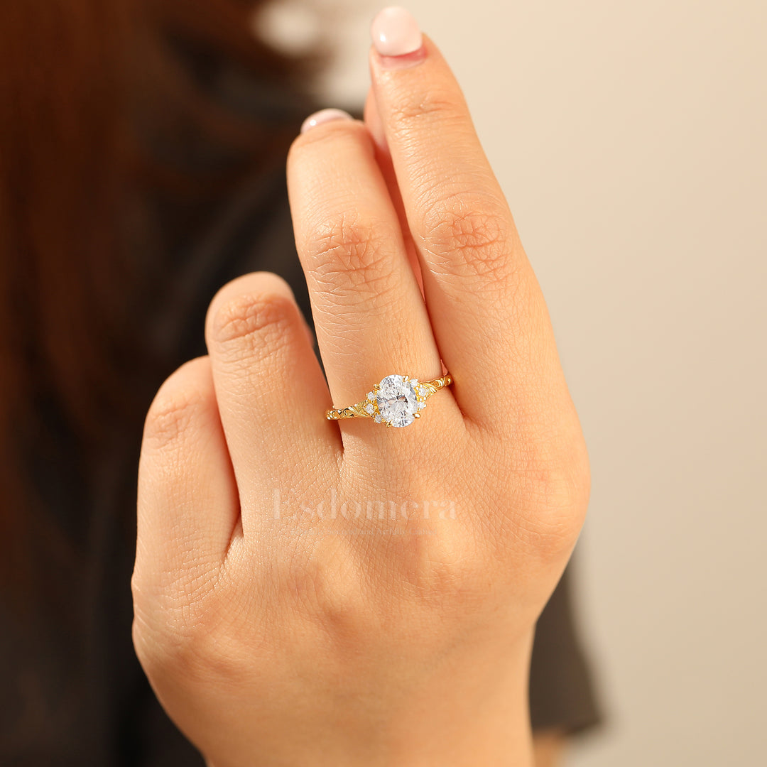 14K Bague de fiançailles romantique en moissanite taille ovale, bague de mariage en or rose avec grappe