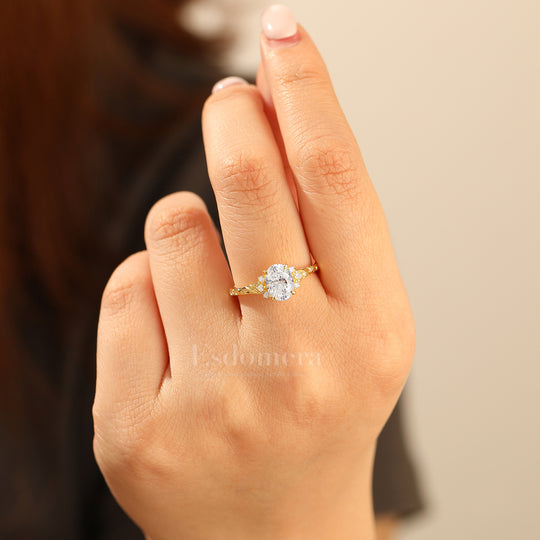 14K Bague de fiançailles romantique en moissanite taille ovale, bague de mariage en or rose avec grappe