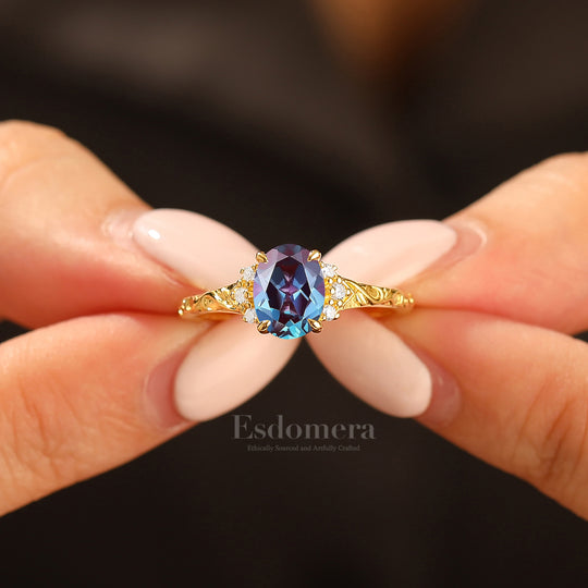 14K Romantic Oval Cut Alexandrite Engagement Ring Rose Gold Cluster Wedding Ring
