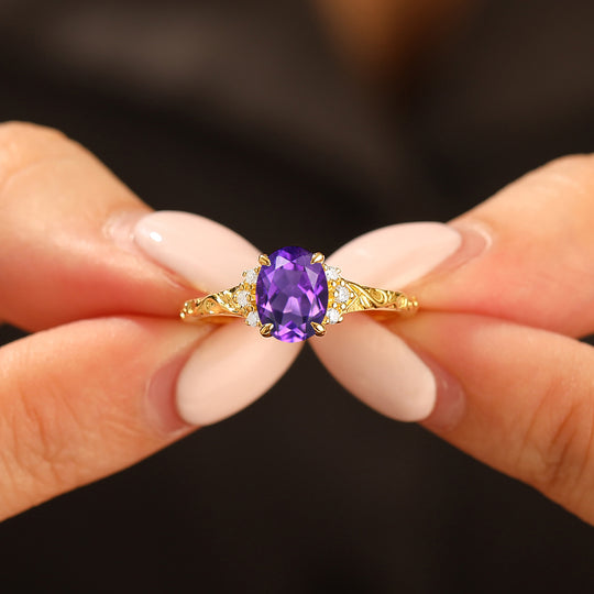 14K Anillo de compromiso romántico con amatista natural ovalada, anillo de boda de oro en racimo
