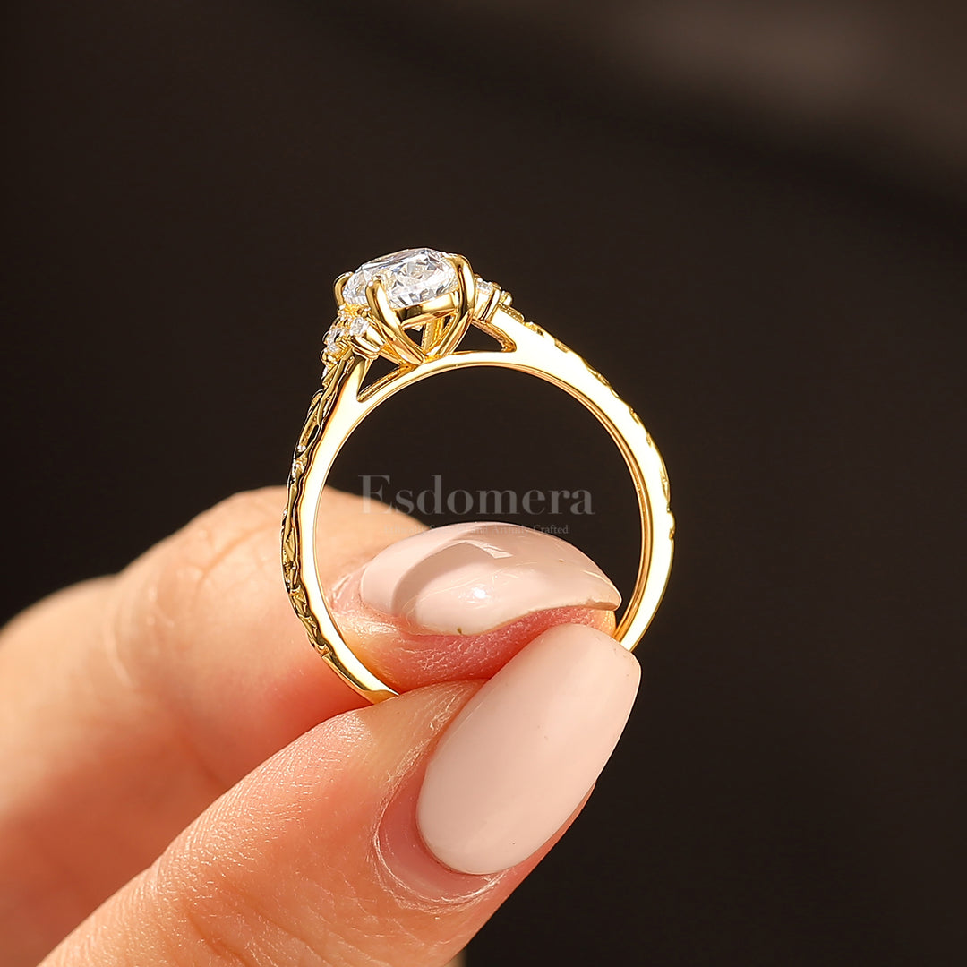 14K Bague de fiançailles romantique en moissanite taille ovale, bague de mariage en or rose avec grappe
