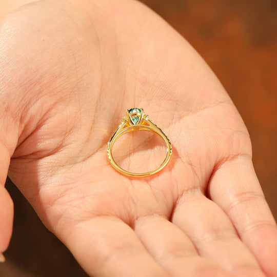 14K Anillo de compromiso romántico con corte ovalado de ágata musgosa natural, anillo de boda en racimo de oro rosa