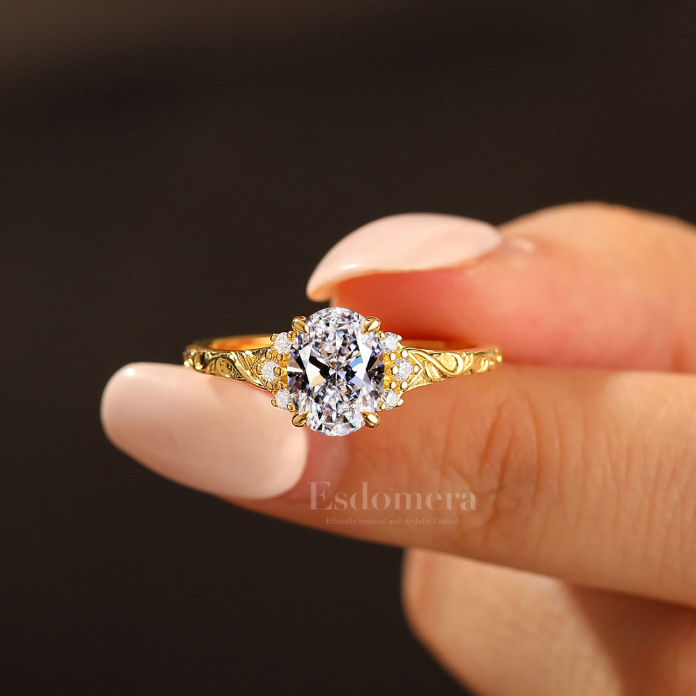 14K Romantic Oval Cut Lab Grown Diamond With Dainty Side Stones Anniversary Engraved Band Bridal Ring (IGI Certified)