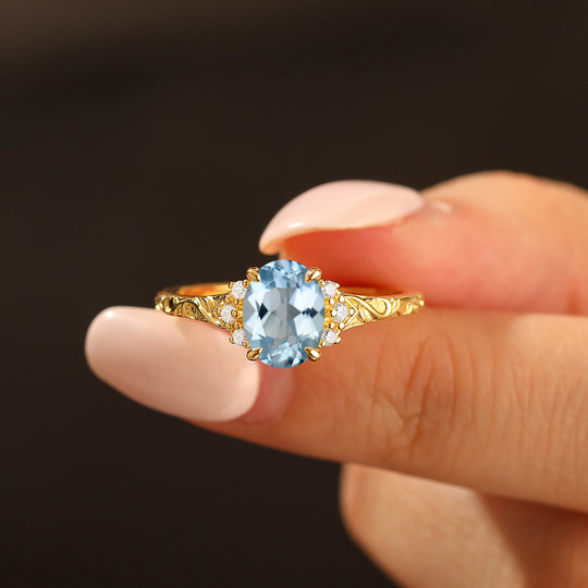 14K romantischer ovaler Aquamarin-Verlobungsring Roségold Cluster Ehering