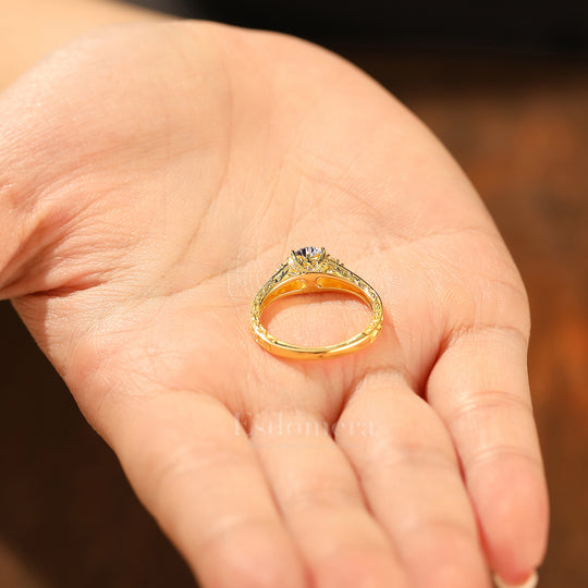 14K Or Bague Femme Diamant Synthétique Rond en Grappes Unique Bande Filigrane Bague de Mariage (Certifiée IGI)