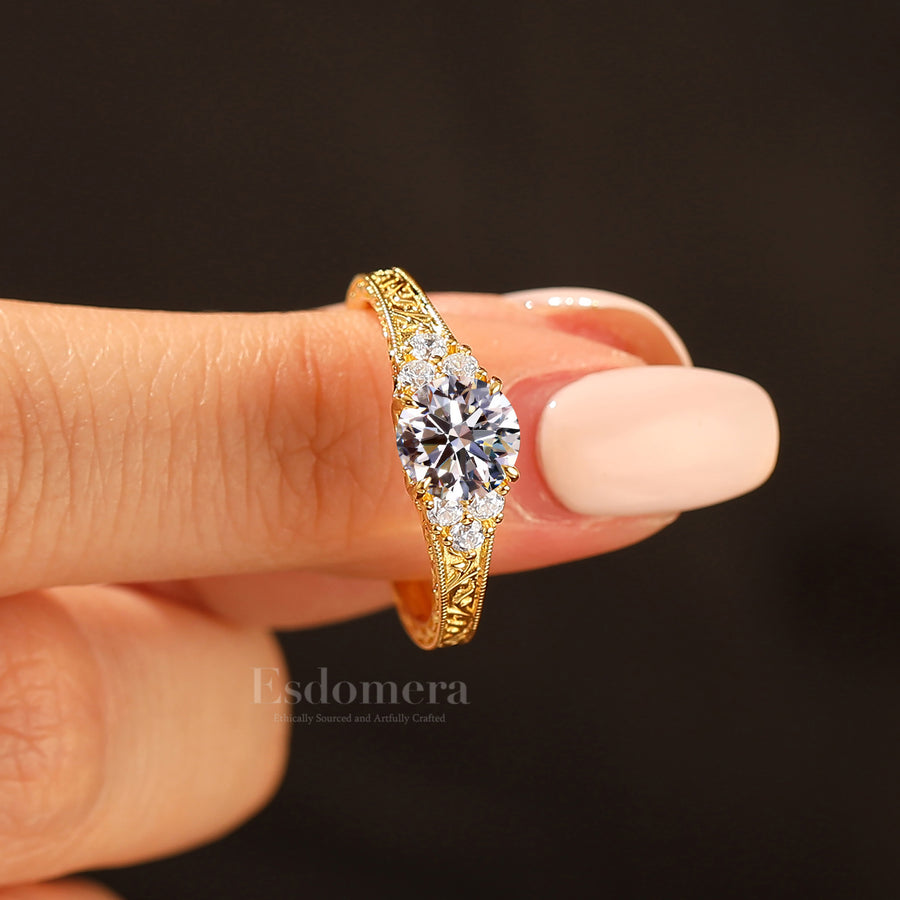 14K Gold Cluster Round Shape Lab Grown Diamond Women Ring Unique Filigree Band Bridal Ring (IGI Certified)