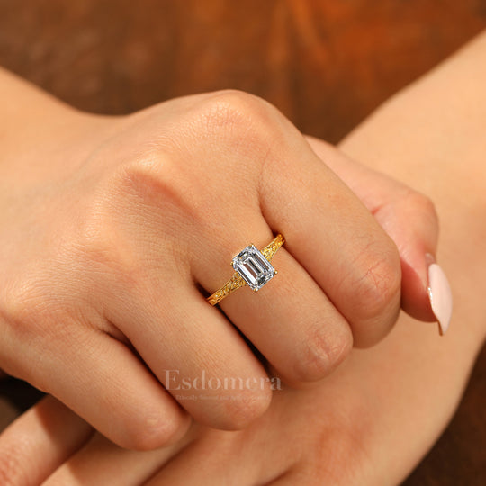 2CT Solitaire Émeraude Taille Filigrane Bague en Diamant Synthétique Inspirée du Baroque pour Femme (Certifiée IGI)