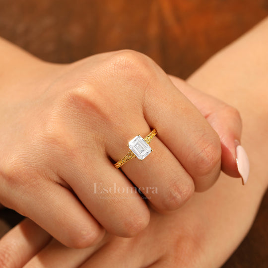 14K Solid Gold Solitaire 2CT Emerald Cut Filigreed Moissanite Bridal Ring Baroque-inspired Women Ring