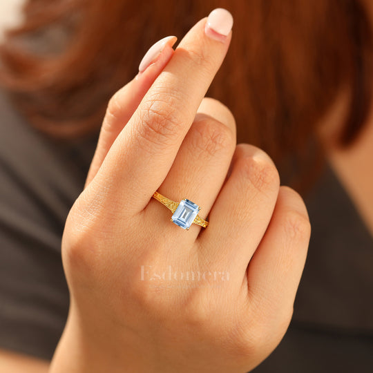 14K Solid Gold Solitaire 2CT Emerald Cut Filigreed Aquamarine Bridal Ring Baroque-inspired Women Ring