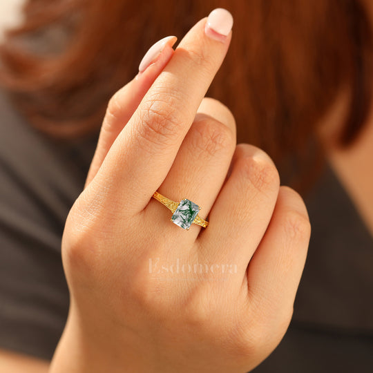 14K Solid Gold Solitaire 2CT Emerald Cut Filigreed Moss Agate Bridal Ring Baroque-inspired Women Ring
