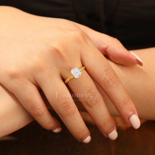 14K Solid Gold Solitaire 2CT Emerald Cut Filigreed Moissanite Bridal Ring Baroque-inspired Women Ring