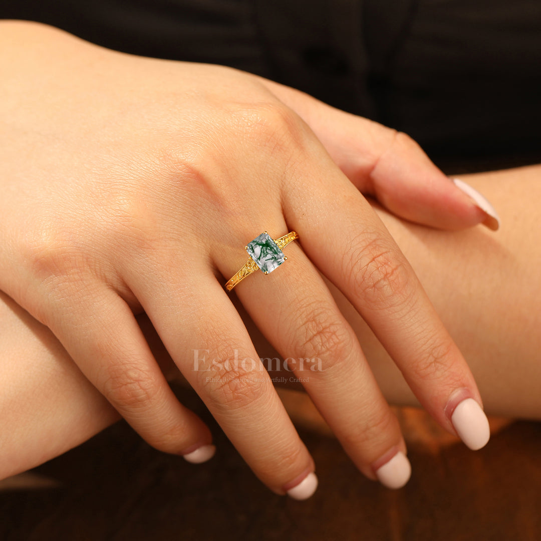 14K Solid Gold Solitaire 2CT Emerald Cut Filigreed Moss Agate Bridal Ring Baroque-inspired Women Ring