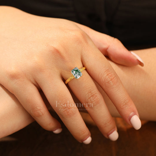 14K Solid Gold Solitaire 2CT Emerald Cut Filigreed Moss Agate Bridal Ring Baroque-inspired Women Ring