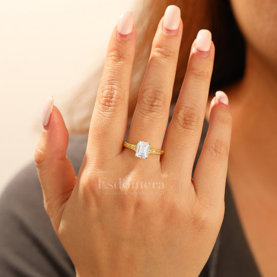 14K Solid Gold Solitaire 2CT Emerald Cut Filigreed Moissanite Bridal Ring Baroque-inspired Women Ring
