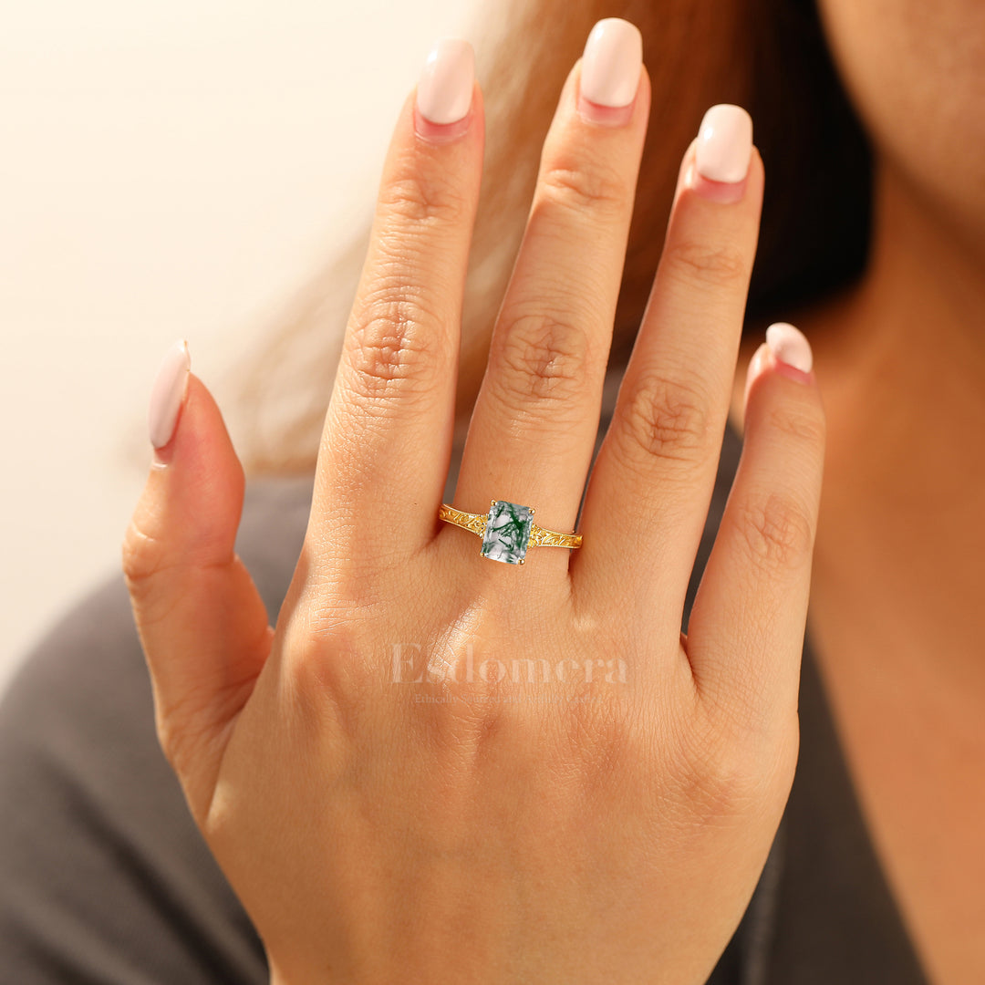 14K Solid Gold Solitaire 2CT Emerald Cut Filigreed Moss Agate Bridal Ring Baroque-inspired Women Ring