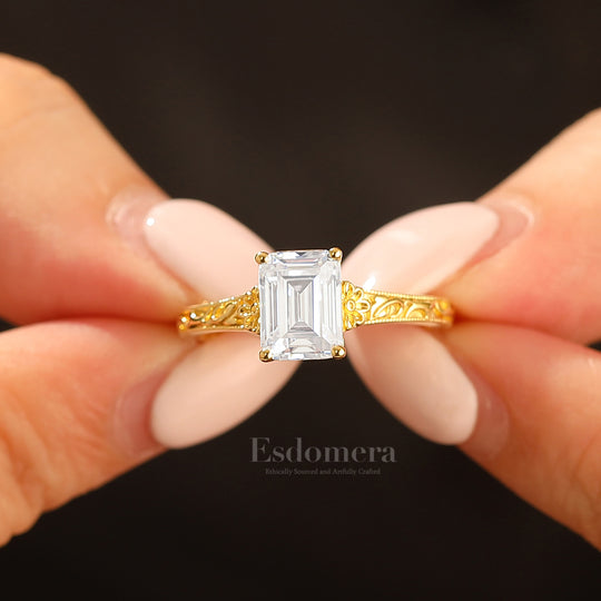 14K Solid Gold Solitaire 2CT Emerald Cut Filigreed Moissanite Bridal Ring Baroque-inspired Women Ring