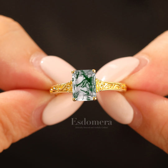 14K Solid Gold Solitaire 2CT Emerald Cut Filigreed Moss Agate Bridal Ring Baroque-inspired Women Ring