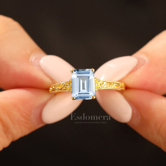 14K Solid Gold Solitaire 2CT Emerald Cut Filigreed Aquamarine Bridal Ring Baroque-inspired Women Ring
