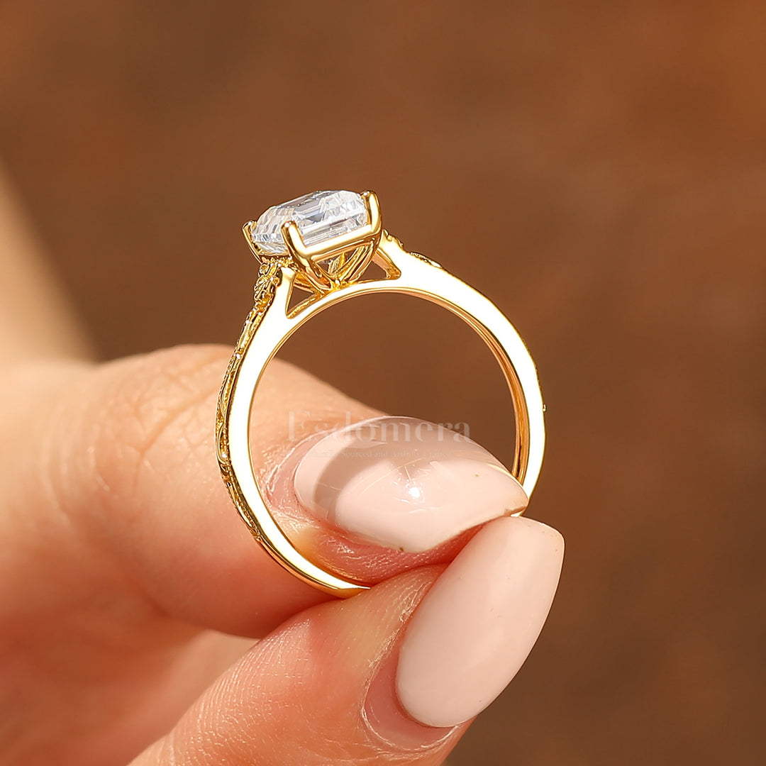 14K Solid Gold Solitaire 2CT Emerald Cut Filigreed Moissanite Bridal Ring Baroque-inspired Women Ring