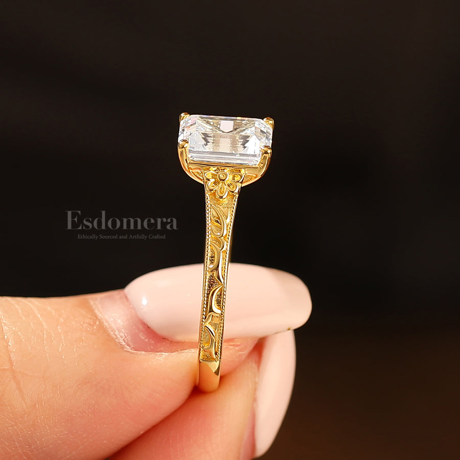 14K Solid Gold Solitaire 2CT Emerald Cut Filigreed Moissanite Bridal Ring Baroque-inspired Women Ring