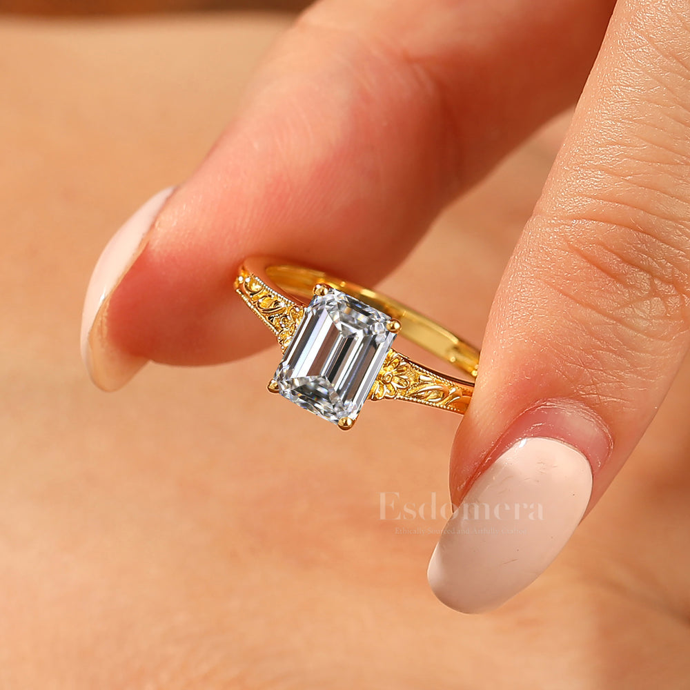 2CT Anillo de Diamante Cultivado en Laboratorio con Corte Esmeralda y Filigrana, Inspirado en el Barroco para Mujer (Certificado IGI)