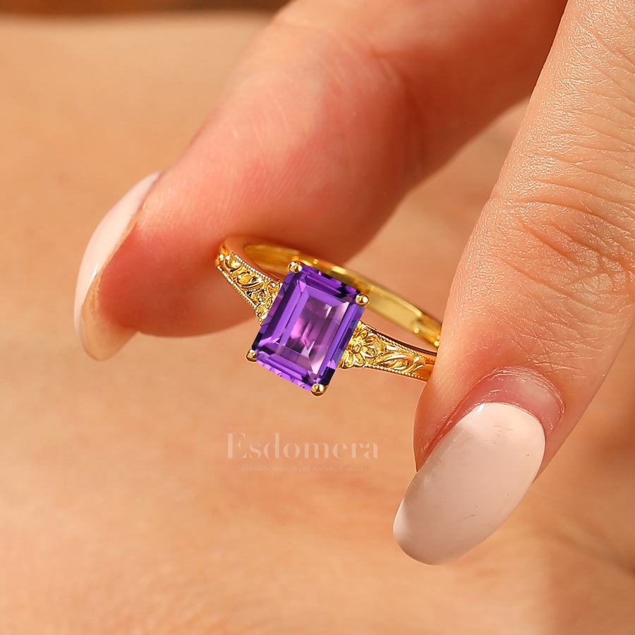 14K Solid Gold Solitaire 2CT Emerald Cut Filigreed Amethyst Bridal Ring Baroque-inspired Women Ring