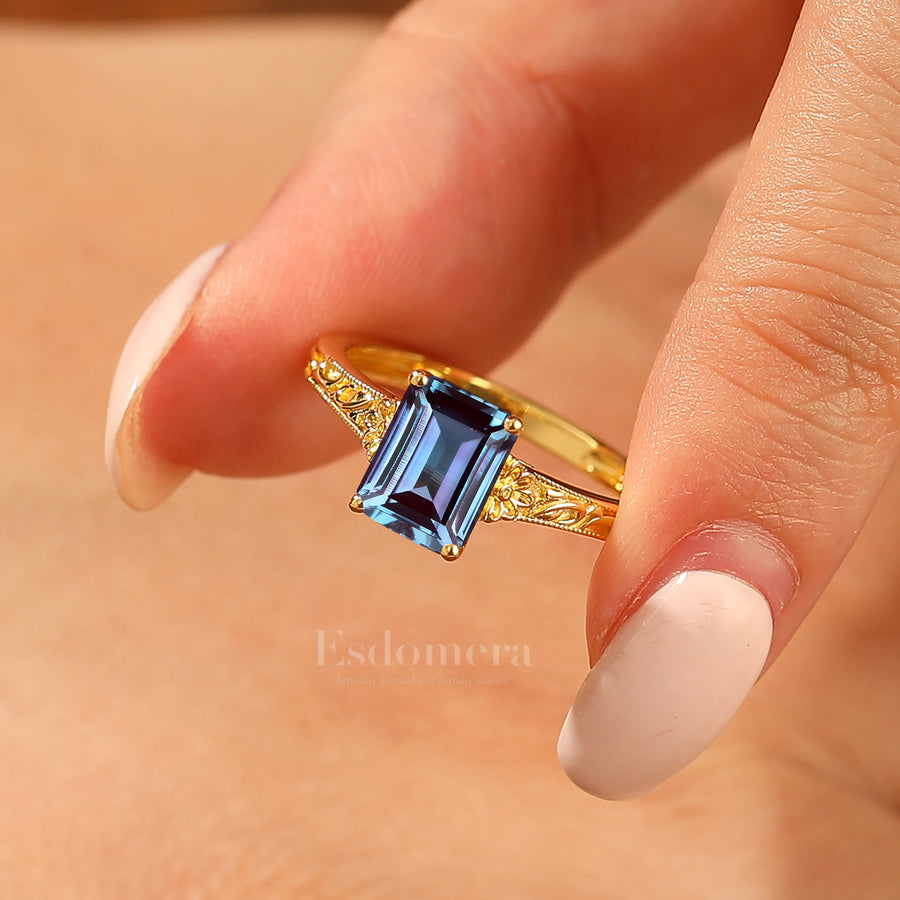 14K Solid Gold Solitaire 2CT Emerald Cut Filigreed Alexandrite Bridal Ring Baroque-inspired Women Ring