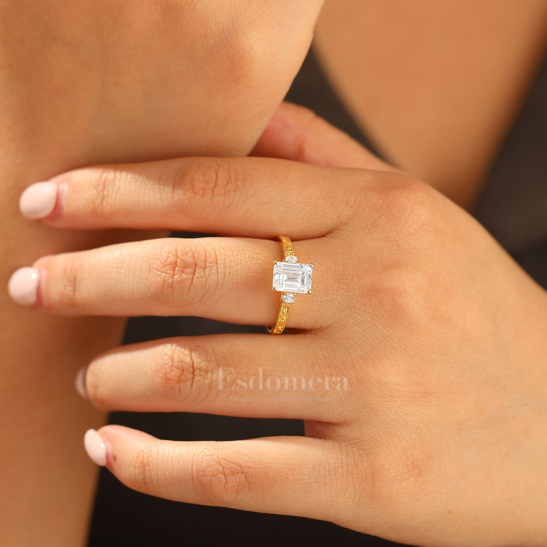 Unique Milgraine 2CT Emerald Cut Moissanite Wedding Ring For Women 3 Stone Engagement Ring