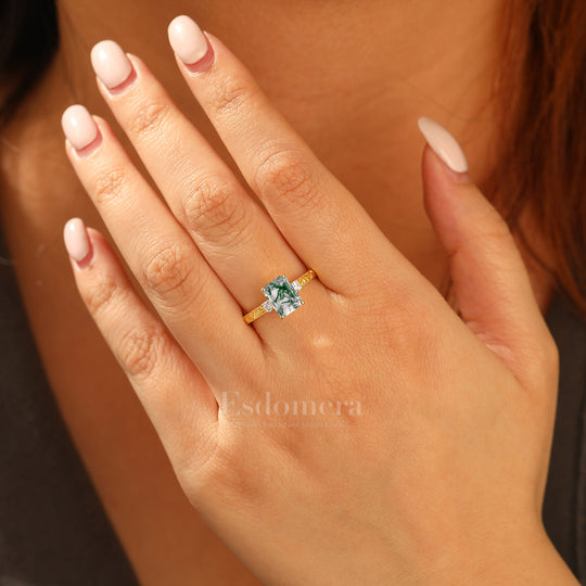 Unique Milgraine 2CT Emerald Cut Moss Agate Wedding Ring For Women 3 Stone Engagement Ring