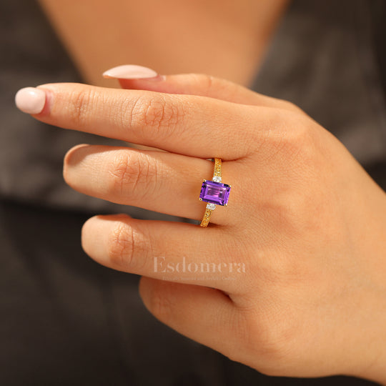 Unique Milgraine 2CT Emerald Cut Amethyst Wedding Ring For Women 3 Stone Engagement Ring