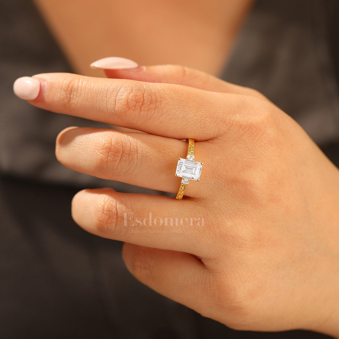Unique Milgraine 2CT Emerald Cut Moissanite Wedding Ring For Women 3 Stone Engagement Ring