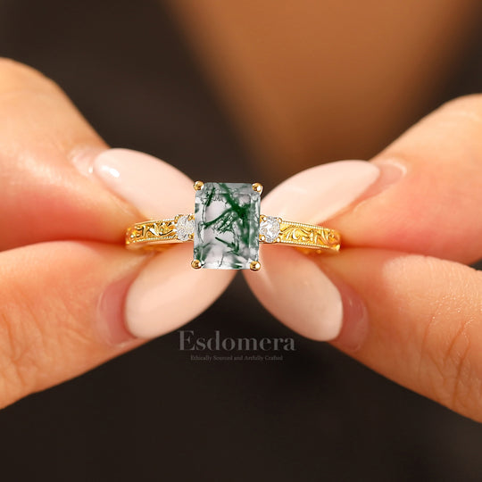 Unique Milgraine 2CT Emerald Cut Moss Agate Wedding Ring For Women 3 Stone Engagement Ring