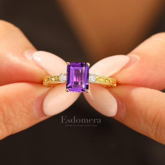Unique Milgraine 2CT Emerald Cut Amethyst Wedding Ring For Women 3 Stone Engagement Ring