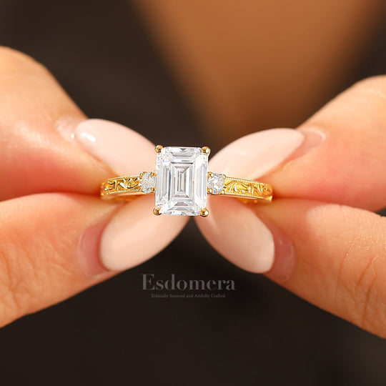 Unique Milgraine 2CT Emerald Cut Moissanite Wedding Ring For Women 3 Stone Engagement Ring