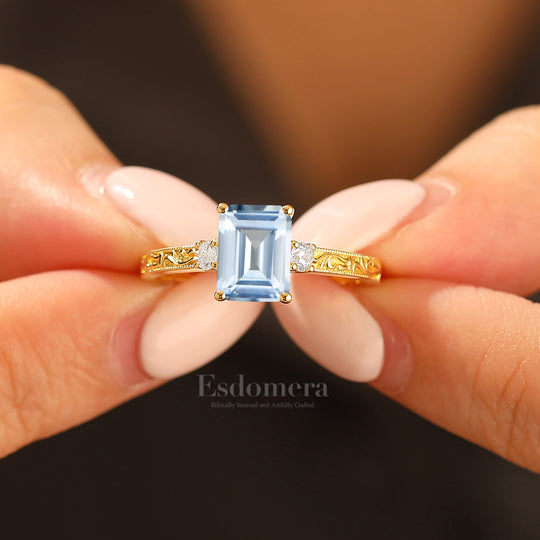 Unique Milgraine 2CT Emerald Cut Aquamarine Wedding Ring For Women 3 Stone Engagement Ring
