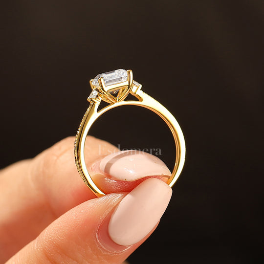 Unique Milgraine 2CT Emerald Cut Moissanite Wedding Ring For Women 3 Stone Engagement Ring