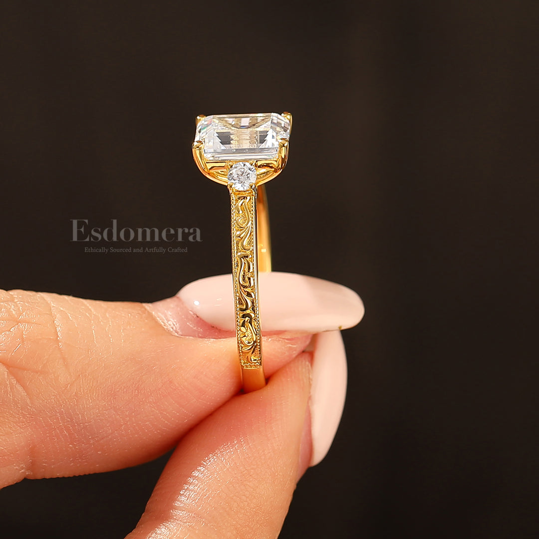 Unique Milgraine 2CT Emerald Cut Moissanite Wedding Ring For Women 3 Stone Engagement Ring