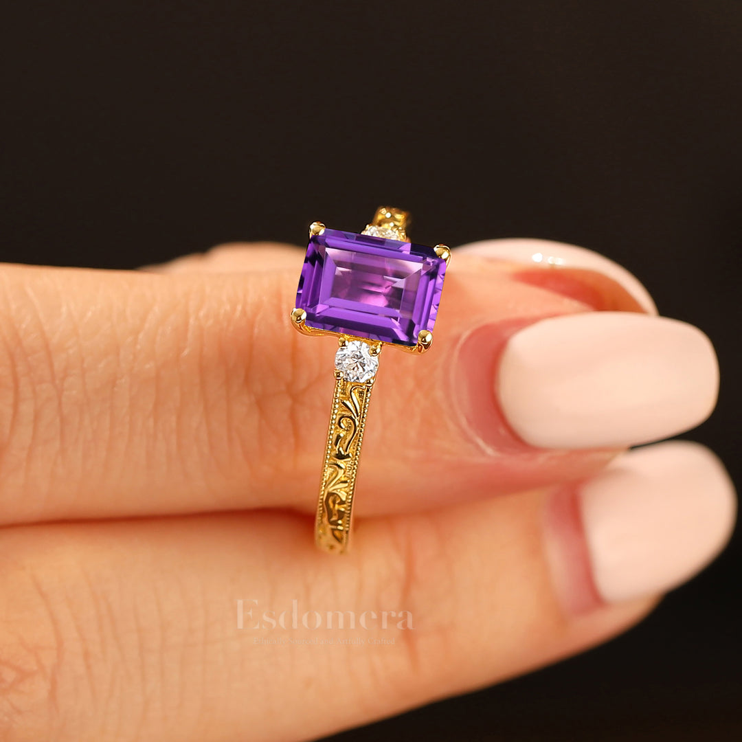 Unique Milgraine 2CT Emerald Cut Amethyst Wedding Ring For Women 3 Stone Engagement Ring