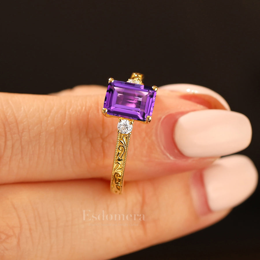 Unique Milgraine 2CT Emerald Cut Amethyst Wedding Ring For Women 3 Stone Engagement Ring