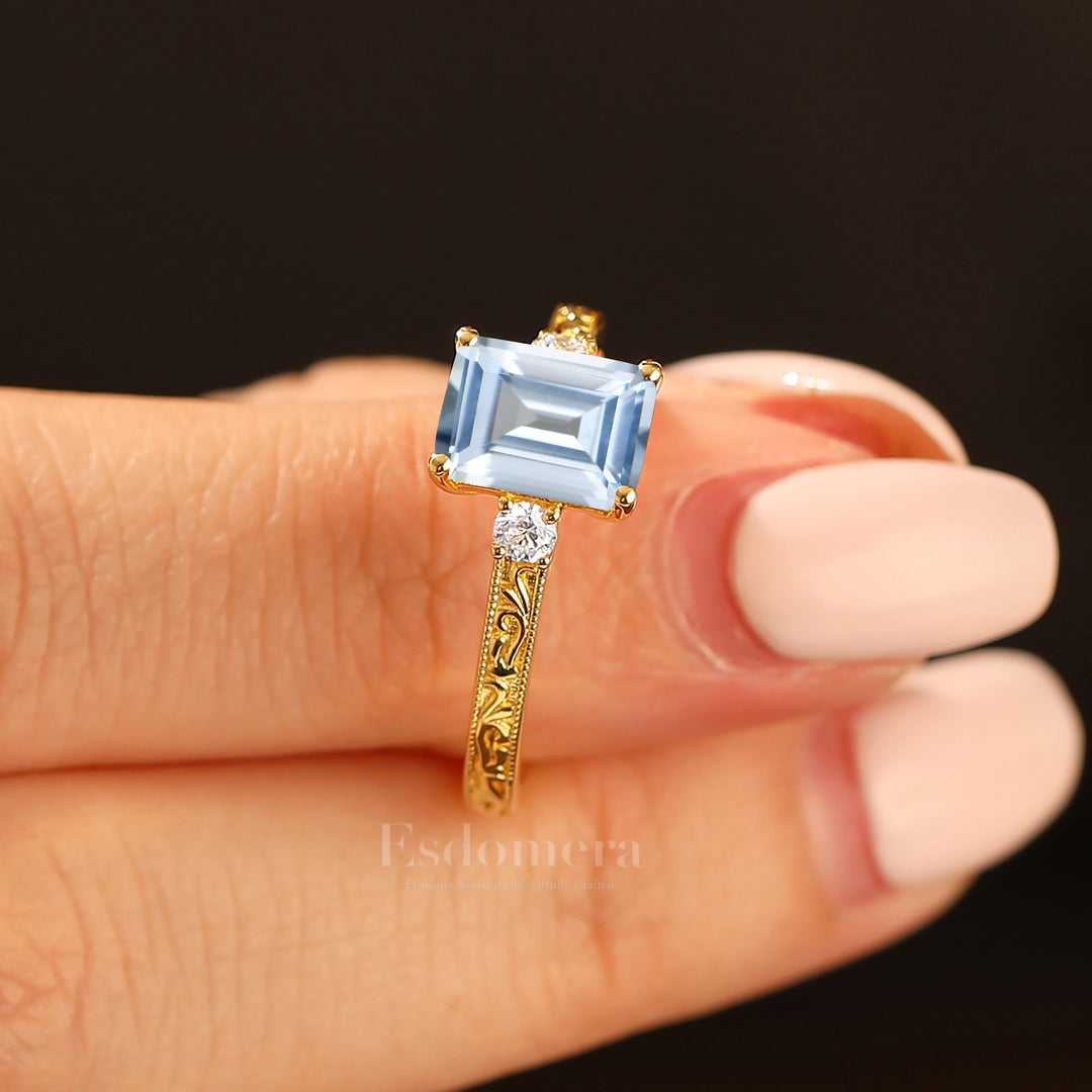 Unique Milgraine 2CT Emerald Cut Aquamarine Wedding Ring For Women 3 Stone Engagement Ring