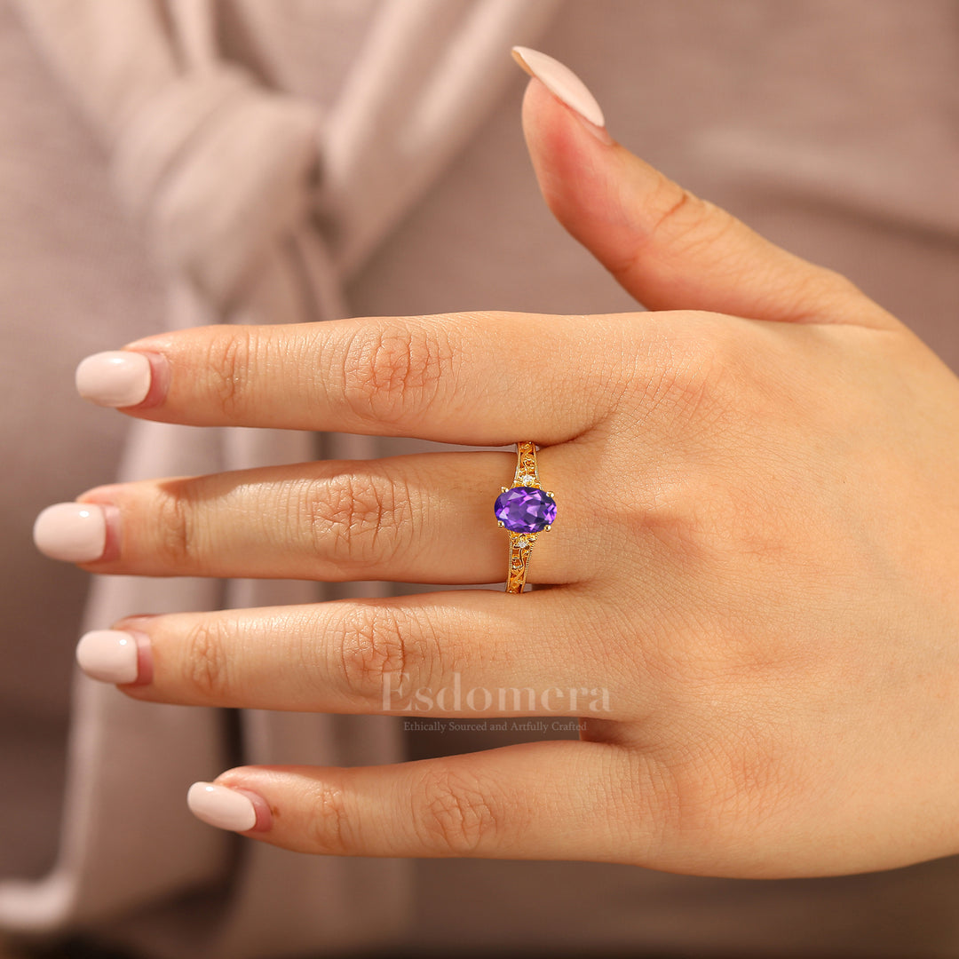 14k Yellow Gold Ornate Filigree Shank Ring Vintage Oval Cut Natural Amethyst Engagement Rings Carved Vine Bridal Ring