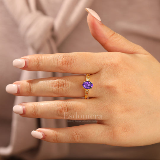 14k Yellow Gold Ornate Filigree Shank Ring Vintage Oval Cut Natural Amethyst Engagement Rings Carved Vine Bridal Ring