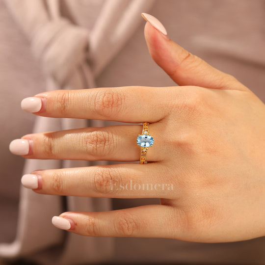 14k Yellow Gold Ornate Filigree Shank Ring Vintage Oval Cut Aquamarine Engagement Rings Carved Vine Bridal Ring