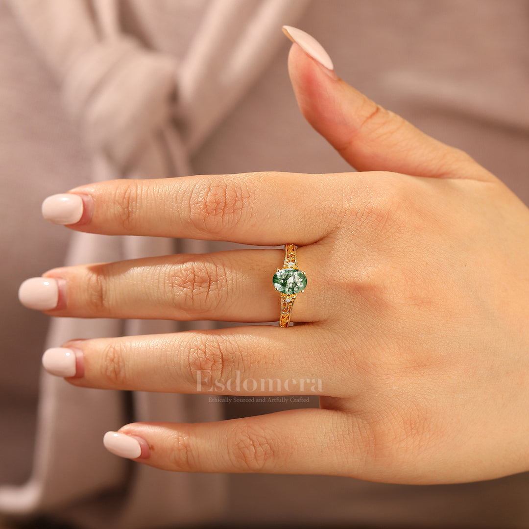 14k Yellow Gold Ornate Filigree Shank Ring Vintage Oval Cut Natural Moss Agate Engagement Rings Carved Vine Bridal Ring